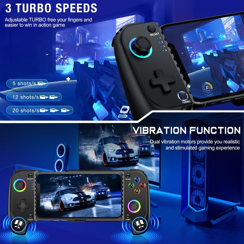 Mobile Gaming Controller for Iphone/Android Controller, Wireless Phone Game Controller Support Phone Case with RGB Light ,Hall Joystick, Turbo, Mobile Gaming Gamepad,Black