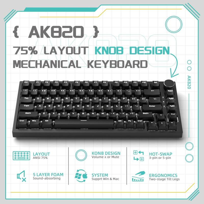 AJAZZ AK820 Wired Mechanical Keyboard, Side Engraved Keycap Keyboard, Full Key Hot Swap Gasket Structure Keyboard, Gaming Keyboard for Gaming, Gaming Keyboard, Gaming Room Accessories